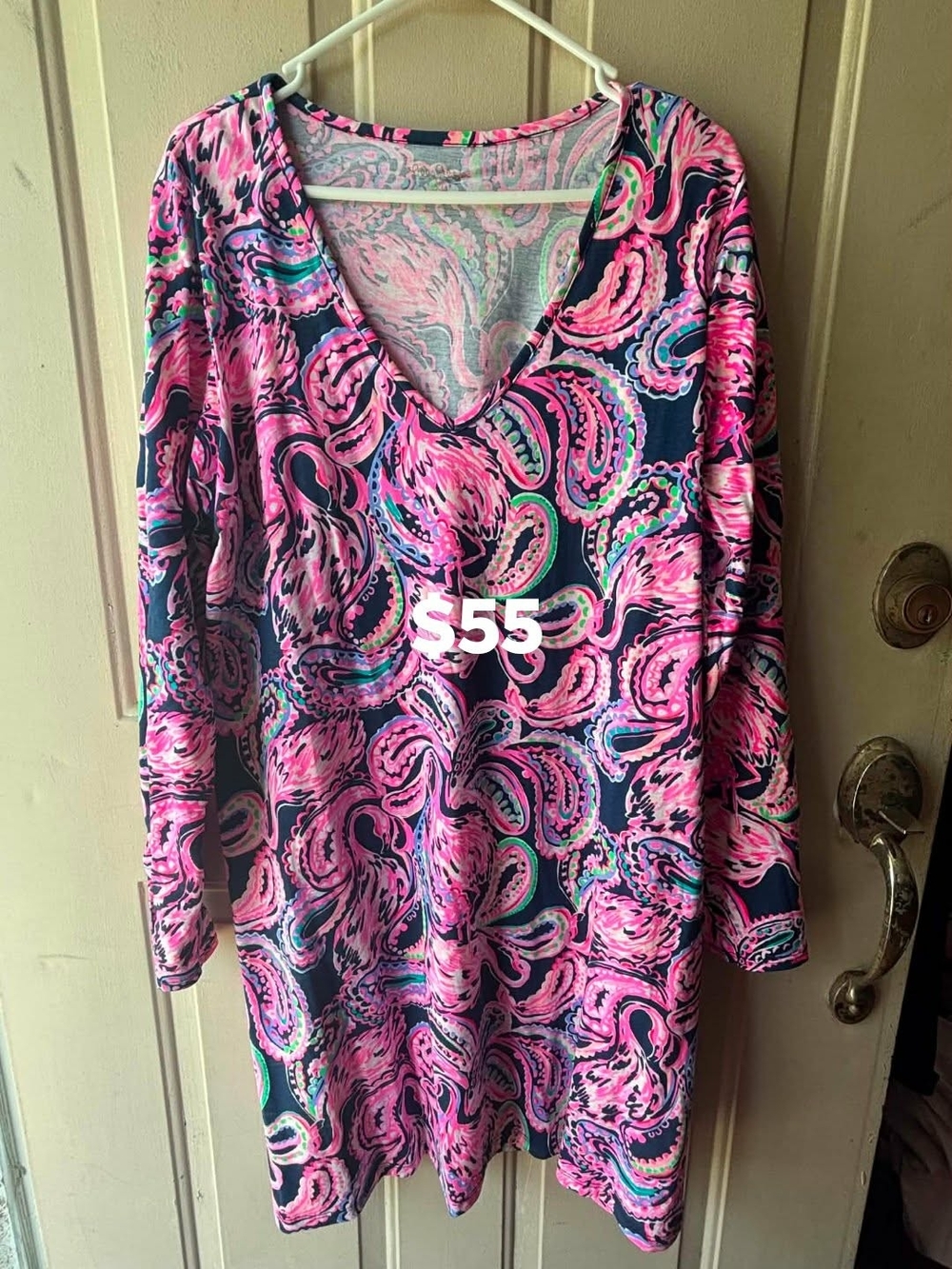 Lilly Pulitzer Pink Paisley V-Neck dress with Navy Trim